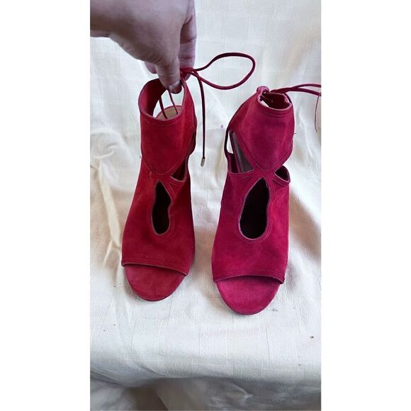Aquazurra Firenze  Sexy Thing Red Suede Cutout Ankle Wrap Strappy Heels size 37. - Picture 1 of 9